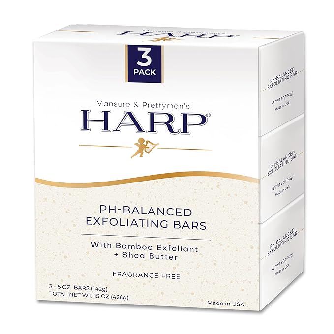 HARP pH balanced Exfoliating body wash bar. 100% Syndet, soap-free. pH 5.0-6.0. Shea-butter moisturizing. Bamboo powder exfoliant-the perfect consistency. FRAGRANCE/fragrance masking agent FREE.