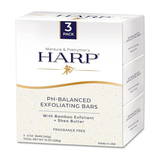 HARP pH balanced Exfoliating body wash bar. 100% Syndet, soap-free. pH 5.0-6.0. Shea-butter moisturizing. Bamboo powder exfoliant-the perfect consistency. FRAGRANCE/fragrance masking agent FREE.