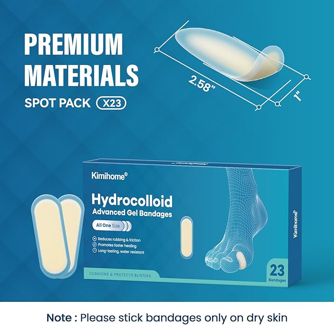 Hydrocolloid Gel Blister Bandages Pads - Kimihome 23ct Water Resistant Blisters Bandages - Adhesive Blister Pads for Heel, Foot, Toe - Gel Blister Chshions for Prevention & Recovery (Spot Pack)