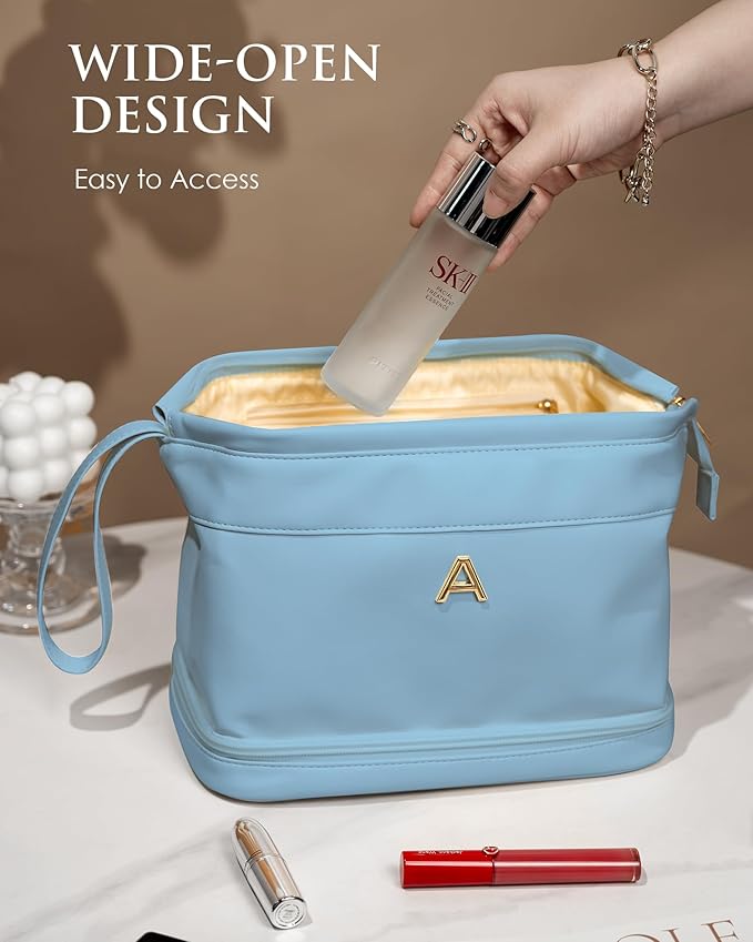 Wedding Gift Initial Makeup Bag, Personalized Double Layer Cosmetic Bag with Makeup Brush Organizer, Waterproof, Large Capacity PU Leather Travel Toiletry Bag Retirement Gifts, Daughter Gifts
