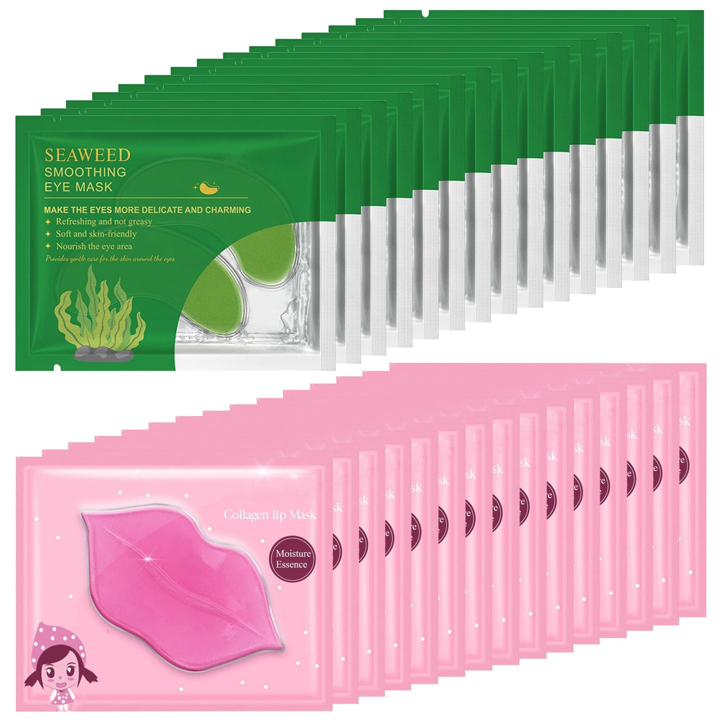 Felico 30 Pairs Lip Mask Under Eye Masks Patches, Crystal Collagen Hydrating Moisturizing Smoothing Lips Gel Pads for Puffy Eyes Bags,Dark Circles,Puffiness,Fine Lines,Wrinkles,Anti-Aging Seaweed
