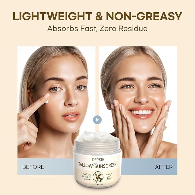 Beef Tallow Sunscreen with Zinc Oxide: Tallow & Zinc Oxide Instant Sun Protection - Non Greasy Formula with Beeswax, Red Raspberry, Carrot Oil - Suitable for Dry and Sensitive Skin - Fresh Scent