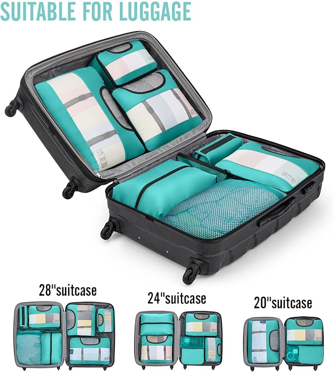 Veken 8 Set Packing Cubes for Kids & Toddler, Airplane Travel Essentials, Beach Vacation & Road Trip Suitcase Organizer Bags Set for Luggage, with Hanging Toiletry & Shoe Bag