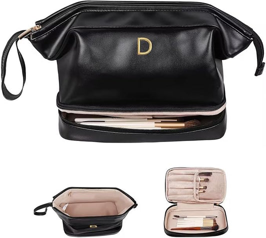 Wedding Gift Initial Makeup Bag, Personalized Double Layer Cosmetic Bag with Makeup Brush Organizer, Waterproof, Large Capacity PU Leather Travel Toiletry Bag Retirement Gifts, Daughter Gifts