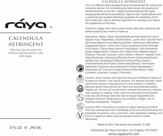 RAYA Calendula Astringent with AHA 6 oz (G-206) | Glycolic Facial Toner for Combo and Partially Oily Skin Prone to Break-Outs | Helps Normalize pH and Fight Bacteria | Made with Alpha Hydroxy Acids