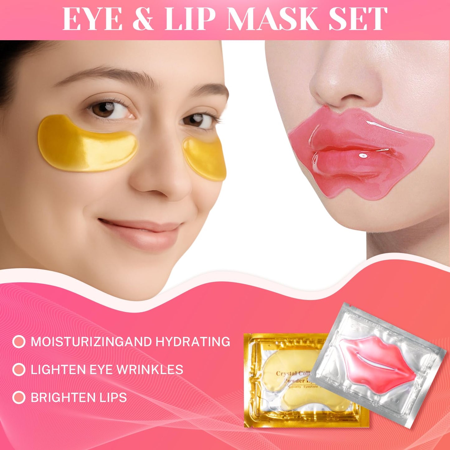 30 Pcs Lip Masks & Under Eye Masks, 24K Gold Gel Crystal Collagen Under Eye Patches for Puffy Eyes and Dark Circles, Effectively Moisturizing the Lip & Eye Skin, Reducing Wrinkles & Fine Lines