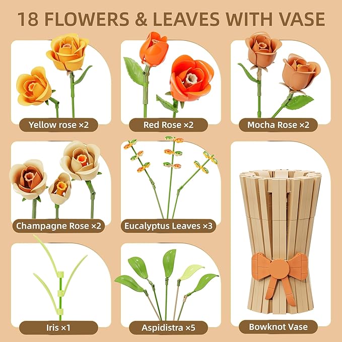 Flowers Bouquet Building Set 868 PCS Rose Botanical Collection Kit Artificial Flowers Toys Botanical Collection DIY Unique Home&Office Bonsai Decoration Gift for Valentine's Day Mother's Day Christmas