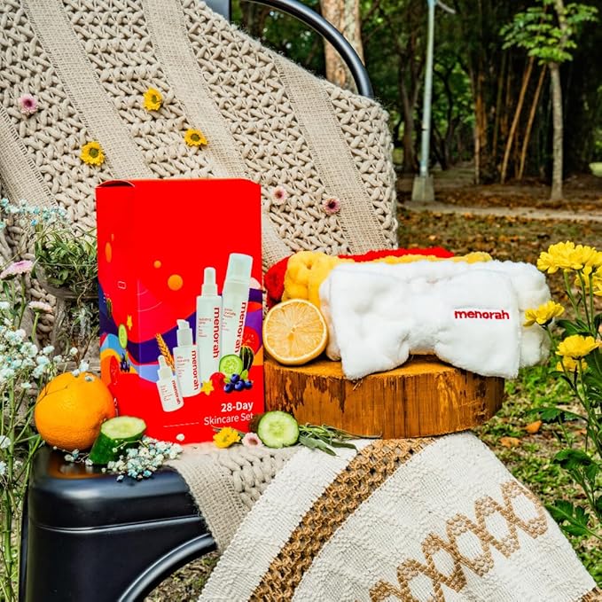 menorah Skincare Daily Skincare Set – Facial Cleanser Foam, Hydrating Toner, Anti-Aging Serum, Moisturizing Cream + Free Headband – Gift Set for Women