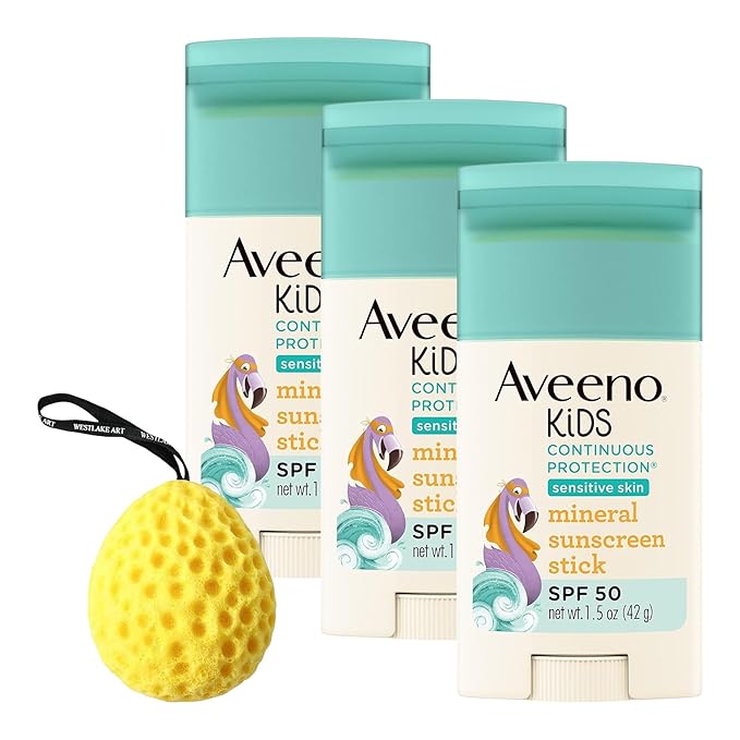 Kids Sunscreen | Bundled With Bath Sponge - Broad-Spectrum Spf 50, Zinc Oxide Kids Mineral Sunscreen, Sunblock Stick For Sensitive Skin, Water-Resistant [Pack Of 3]