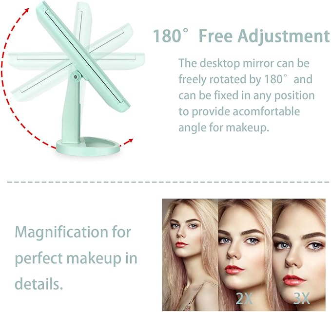 deweisn Tri-Fold Lighted Vanity Tabletop Mount Mirror with 21 LED Lights, Touch Screen and 3X/2X/1X Magnification, Two Power Supply Mode Make up Mirror,Travel Mirror