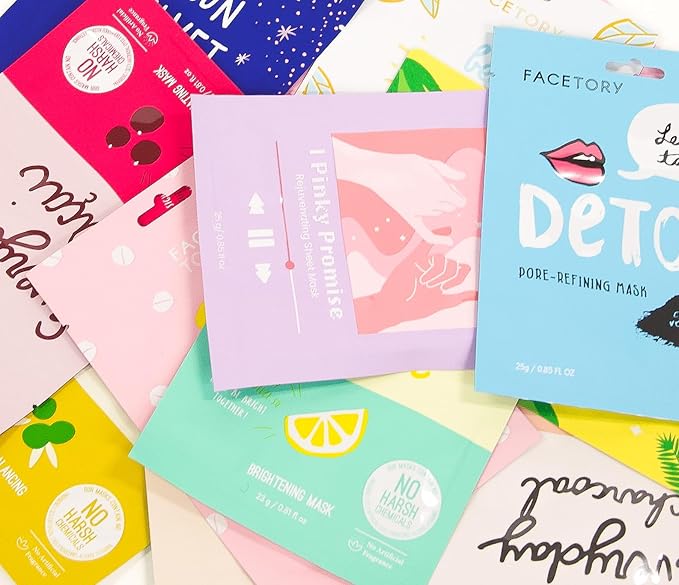 FACETORY Collection Facial Mask Set - Hydrating, Purifying, Soothing, Moisturizing, and Revitalizing - Soft, Form-Fitting Face Masks, For All Skin Types - No Sulfates No Parabens (15 pc)