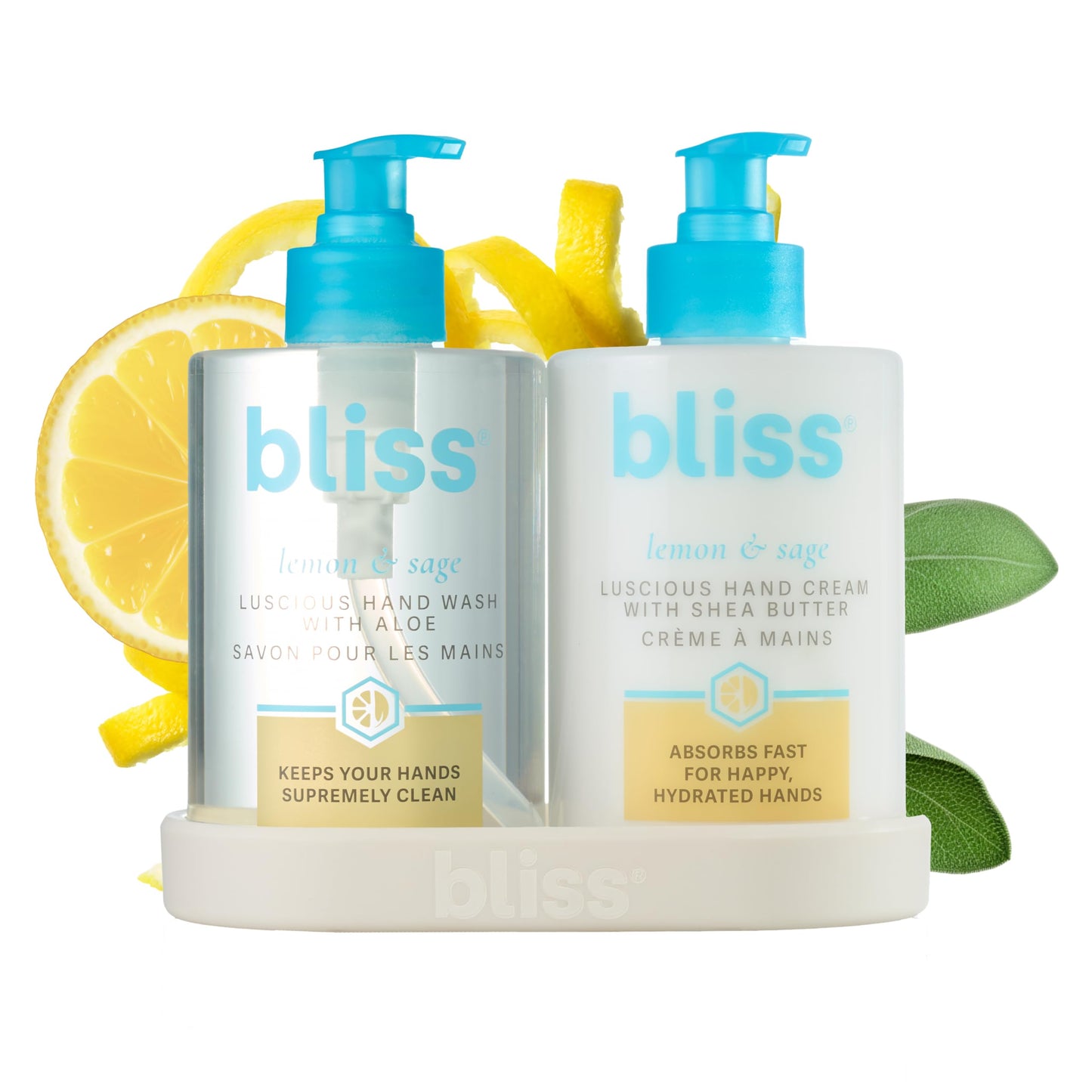 Bliss Lemon & Sage Happy Hands Duo | Hydrating Hand Wash & Nourishing Hand Cream Set with Decorative Tray
