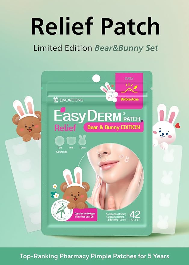 Easyderm Cute Bear&Bunny Relief Pimple Patches with 7,000 PPM Tea Tree Oil(126 counts), Salicylic Acid, Easter basket stuffers, Holiday Gift with Free Mini Pouch, Stocking Stuffer for Teens