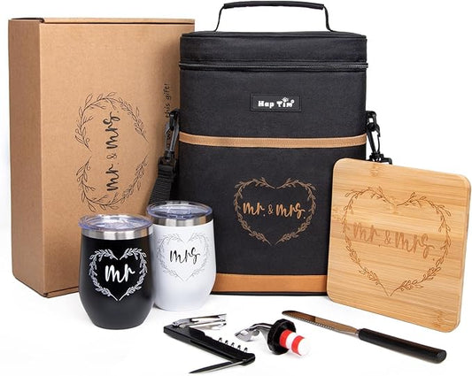 Hap Tim Wedding Gifts for Couples, Bridal Shower Gifts, Engagement Gifts for Newlyweds, Mr and Mrs gifts - Wine Cooler Bag Insulated Wine Carrier Tote with Tumblers, Bamboo Cheese Borad