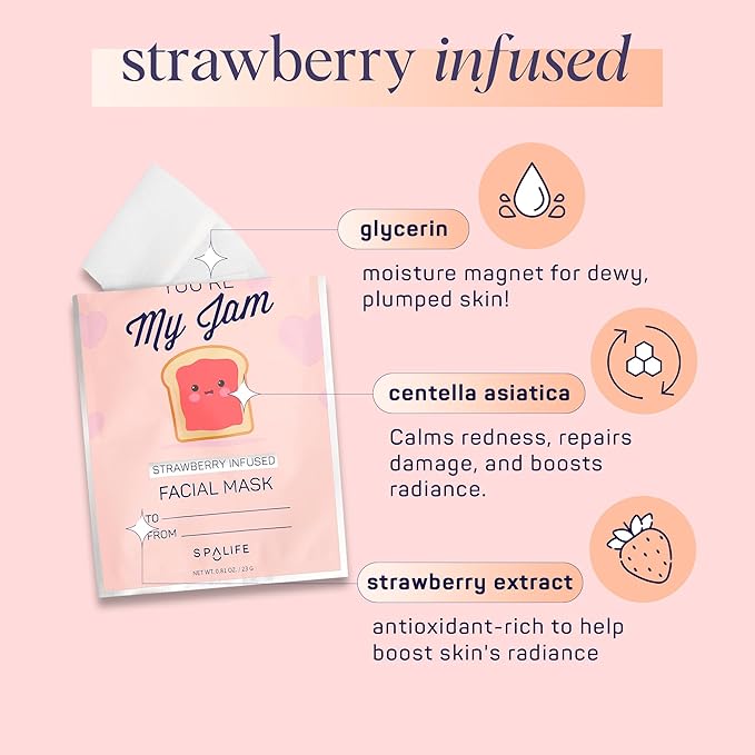 SpaLife Let’s Avocuddle & You're My Jam Face Masks 6 Pack Bundle - Avocado and Strawberry Extract Infused Sets for Hydration and Glow - The Ideal Valentine's Day Skincare Gift Set.