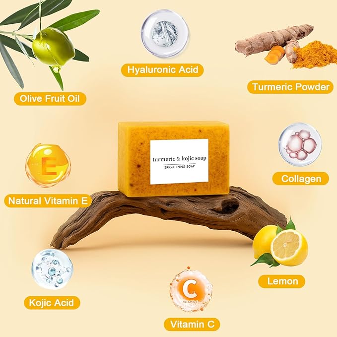 Turmeric Soap for Spots Remover - Honey Lemon Turmeric Kojic Soap Bar for Face and Body, Organic Daily Use Skin Care Soaps, Evens Skin Tone Deep Cleansing Moisturizing (3pcs)