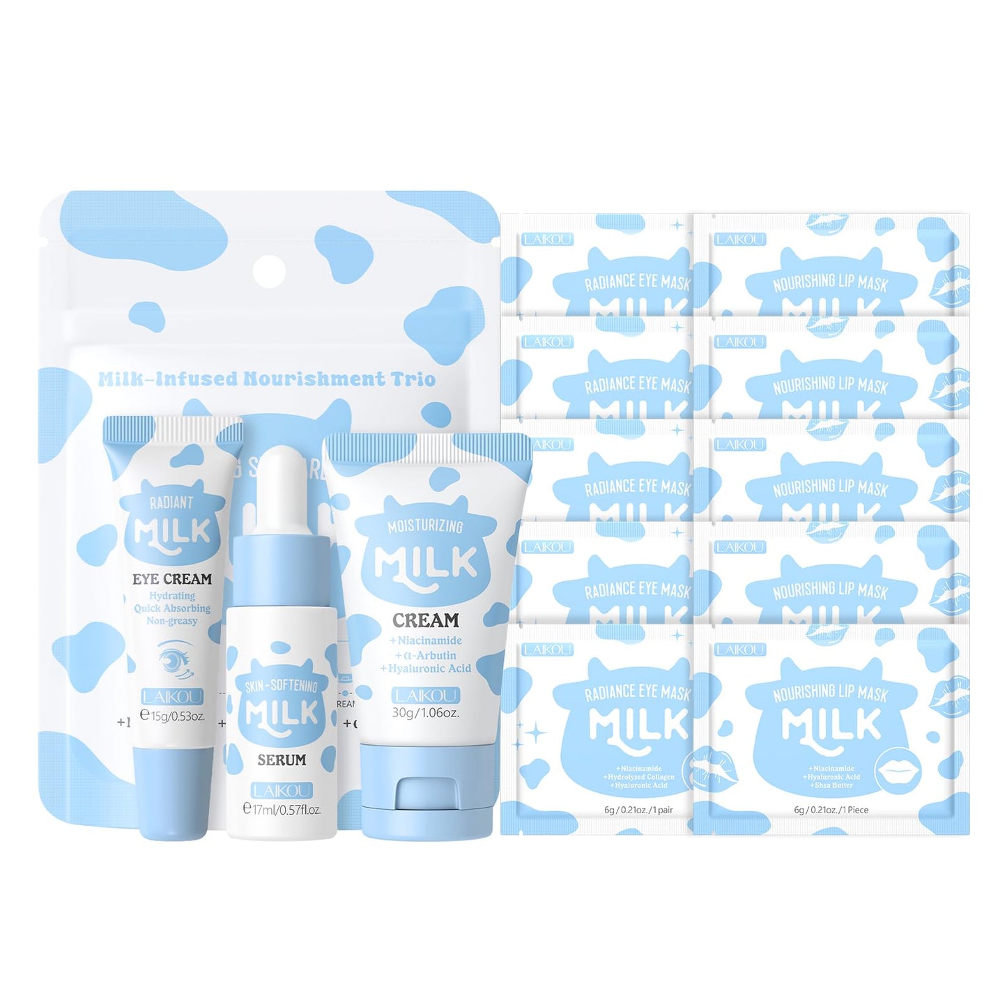 LAIKOU Skin Care Set, Moisturizer Face Cream, Travel Size Toiletries with Milk Eye Mask, Lip Mask, Eye Cream, Serum, Face Cream Mother's Day Christmas Birthday Daughter Wife