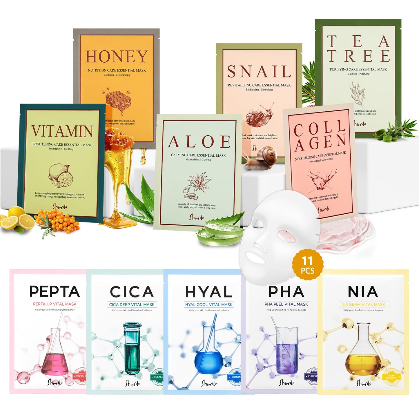 SHIONLE 11 Combo Pack A+B Vital & Essential Face Mask Sheet 11 Types Variety Set, Premium K-cosmetics Korean Skincare, Moisturizing Treatment Mask, Natural Home Spa Self Care For All Skin Types