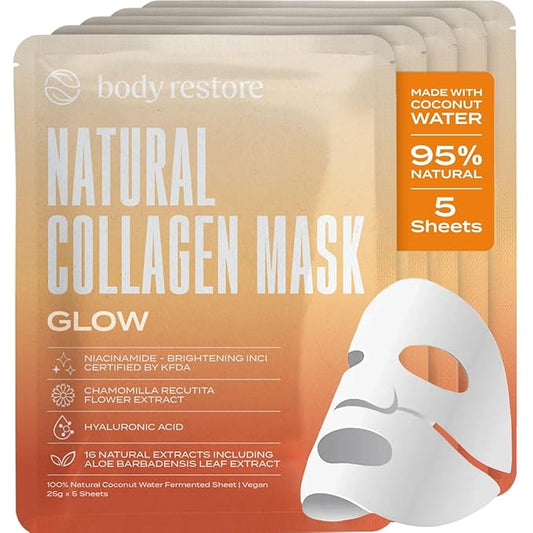 Body Restore Natural Collagen Face Mask 5 Pack – Korean Skin Care Sheet Mask with Fermented Coconut Water – Birthday Gifts for Women & Men, Support Deep Moisture, Dry Skin, Clean Beauty