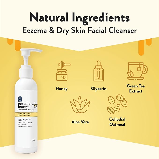 ECZEMA HONEY Oatmeal Facial Cleanser - Natural Eczema Face Wash Prevents Breakouts - Daily Gentle Face Cleanser for Dry, Itchy, Sensitive, & Irritable Skin (6 Oz)