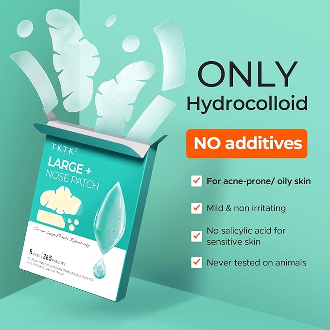 TKTK Hydrocolloid Nose Patches, XL Nose Pore Strips 91 x 48 mm, Large Hydrocolloid Acne Pimple Patches for Face, Cover Zit Blemishes & Absorb Oil (Nose Contoured, Strip, Dots 5 Sizes 265 Count)