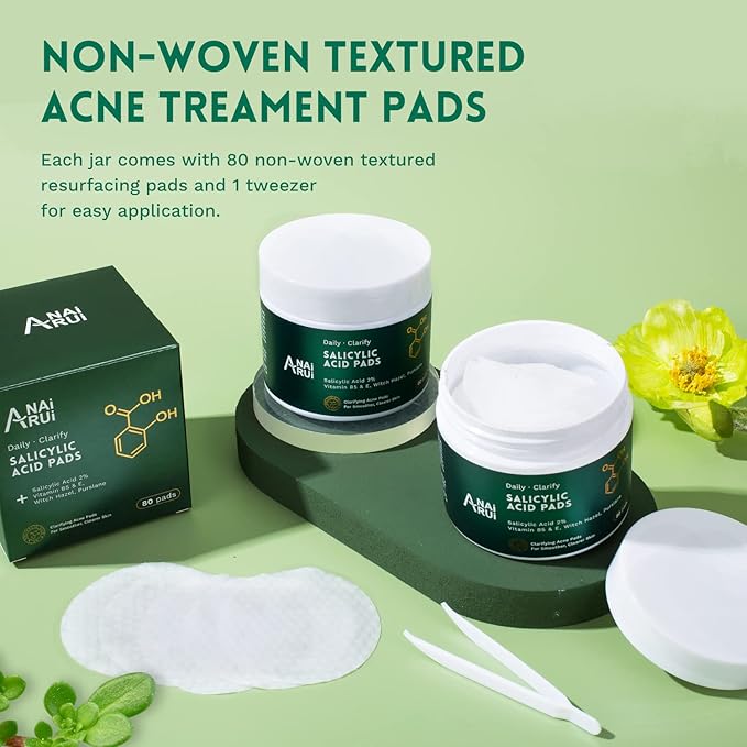 ANAI RUI 2% Salicylic Acid Pads,Face Cleansing Pads Witch Hazel Wipe for Acne & Blemishes Clear, Facial Peel Resurfacing & Exfoliating Face Wash Wipes, 80 Count