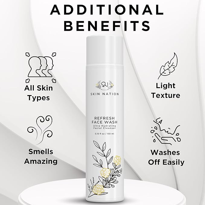 Skin Nation Hydrating Gentle Face Wash with Organic Aloe and Chamomile for Dry, Oily and Sensitive Skin, Paraben Free and Sulfate Free, 4 oz, Made in USA