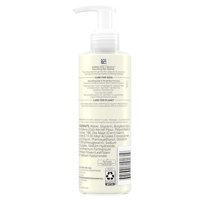 Aveeno Calm + Restore Nourishing Oat Cleanser, Daily Hydrating Facial Cleanser & Face Wash for Sensitive Skin, Non-Foaming, Hypoallergenic, Non-Comedogenic, Fragrance-Free, 7.8 Fl Oz