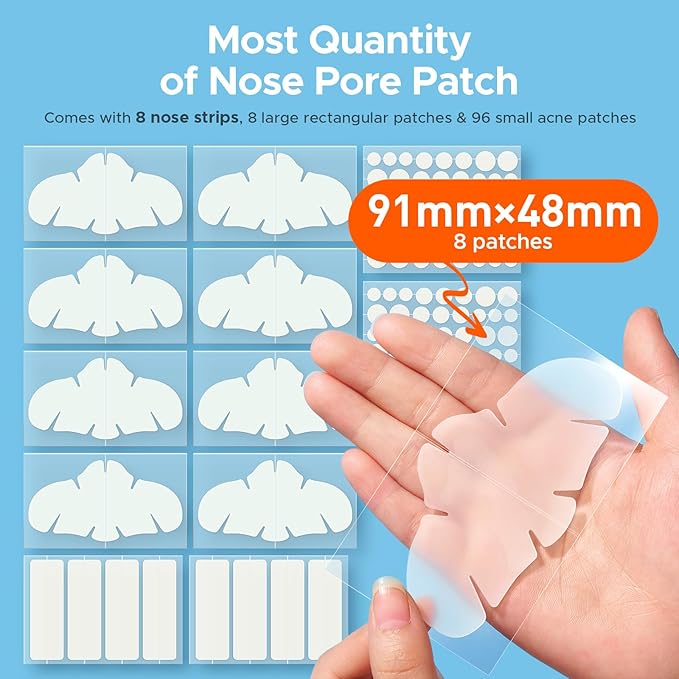 TKTK Hydrocolloid Nose Patches, XL Nose Pore Strips 91 x 48 mm, Large Hydrocolloid Acne Pimple Patches for Face, Cover Zit Blemishes & Absorb Oil (Nose Contoured, Strip, Dots 5 Sizes 112 Count)