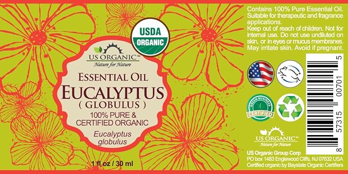 US Organic 100% Pure Eucalyptus Essential Oil (Globulus) - USDA Certified Organic, Steam Distilled - W/Euro droppers (More Size Variations Available) (30 ml / 1 fl oz)