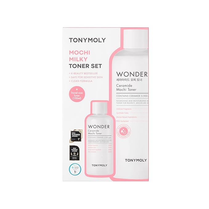 TONYMOLY Mochi Milky Toner Set – Hydrating Ceramide Toner Duo for Dewy, Bouncy Skin – 500ml + 100ml Travel Size – With Ceramide, Cica, Panthenol & Hyaluronic Acid