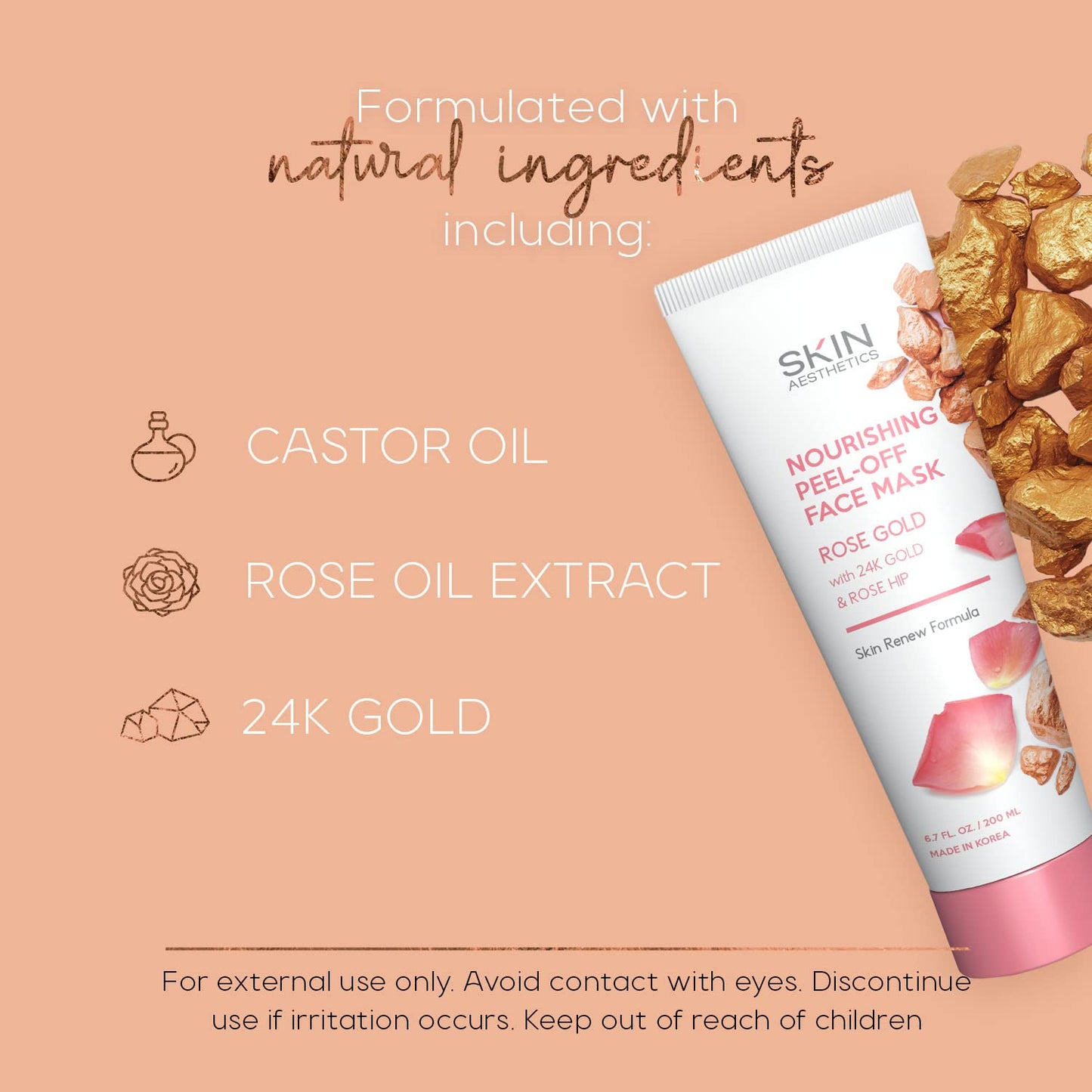 Skin Aesthetics Rose Gold Peel-Off Face Mask - Unclogs Pores, Removes Oil & Dirt, Tightens Skin, Blackhead Remover - Dermatologist Tested Korean Skincare - Clean Beauty, Cruelty-Free - 6.7 Fl oz