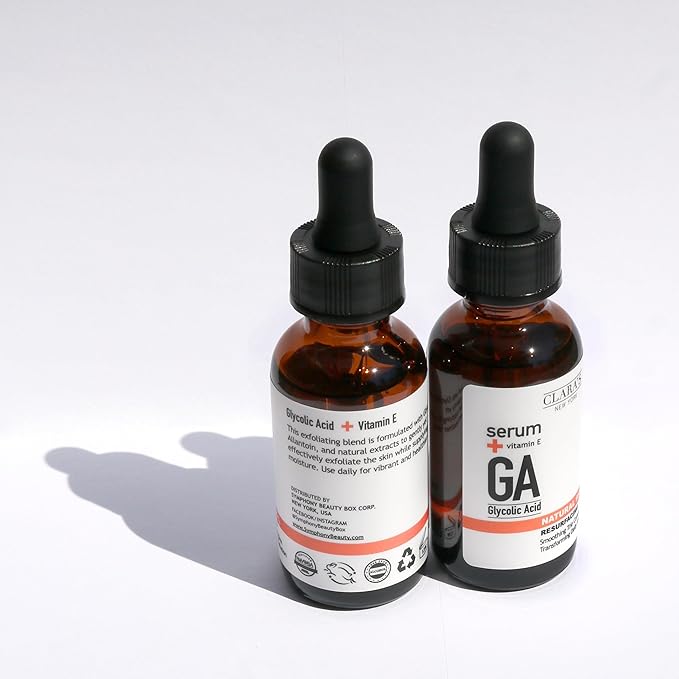 CLARA'S NEW YORK Glycolic Acid Facial Serum with Vitamin E – Exfoliating & Hydrating Face Serum for Smoother, Glowing Skin – 30ml / 1 Fl Oz – Made in USA