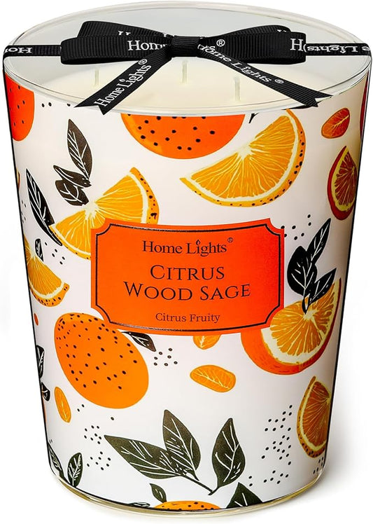 HomeLights Citrus Wood Sage Scented Candles | 34oz Soy Candles Eclectic Mixed Styles 3-Wick Large Candle Jars | Ideal Candle Gifts for Events, Home Decor Stress, Relief & Relaxation