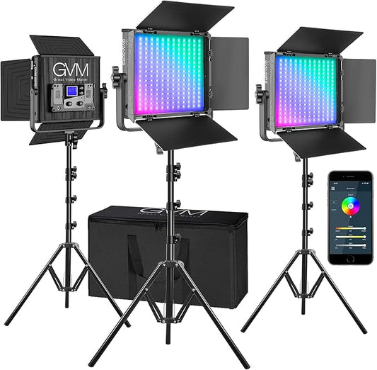 GVM RGB Video Lights with APP Control, 50W Full Color Studio Video Lighting Kit, Led Video Lights for YouTube Photography Lighting, 3 Packs Led Light Panel, Aluminum Alloy Shell, 3200K-5600K