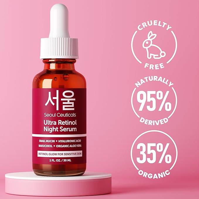 SeoulCeuticals 1% Korean Retinol Night Serum for Face - 97.5% Snail Mucin + Hyaluronic Acid + Bakuchiol, Cruelty Free K Beauty for Sensitive Skin 1oz