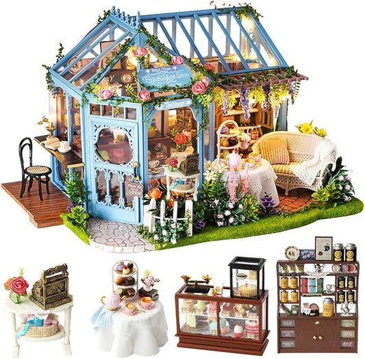 CUTEBEE Dollhouse Miniature House with Furniture, DIY Dollhouse Kit with Dust Proof, Music Movement, 1:24 Scale Creative Room for Gift for Family and Friends (Rose Garden Tea House)