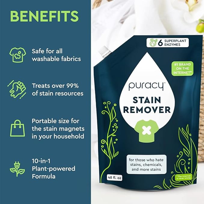 Puracy Stain Remover Cleaning Spray Refill - Enzyme-Powered Stain Remover Spray As Seen on TikTok, Natural Travel Spot Removal for Clothes (Unscented, 48 fl oz)