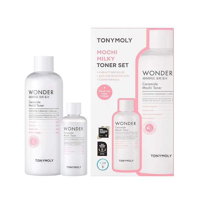 TONYMOLY Mochi Milky Toner Set – Hydrating Ceramide Toner Duo for Dewy, Bouncy Skin – 500ml + 100ml Travel Size – With Ceramide, Cica, Panthenol & Hyaluronic Acid
