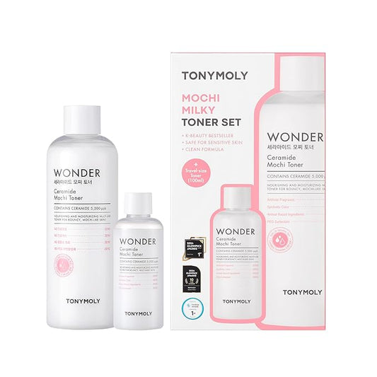 TONYMOLY Mochi Milky Toner Set – Hydrating Ceramide Toner Duo for Dewy, Bouncy Skin – 500ml + 100ml Travel Size – With Ceramide, Cica, Panthenol & Hyaluronic Acid