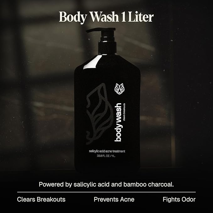 Black Wolf Salicylic Acid Body Wash for Men, 1 Liter - Acne Body Wash - Charcoal Helps Reduce Acne Breakouts & Cleanse Your Skin - Full Coverage & Deep Clean Treatment - Men's Bodywash