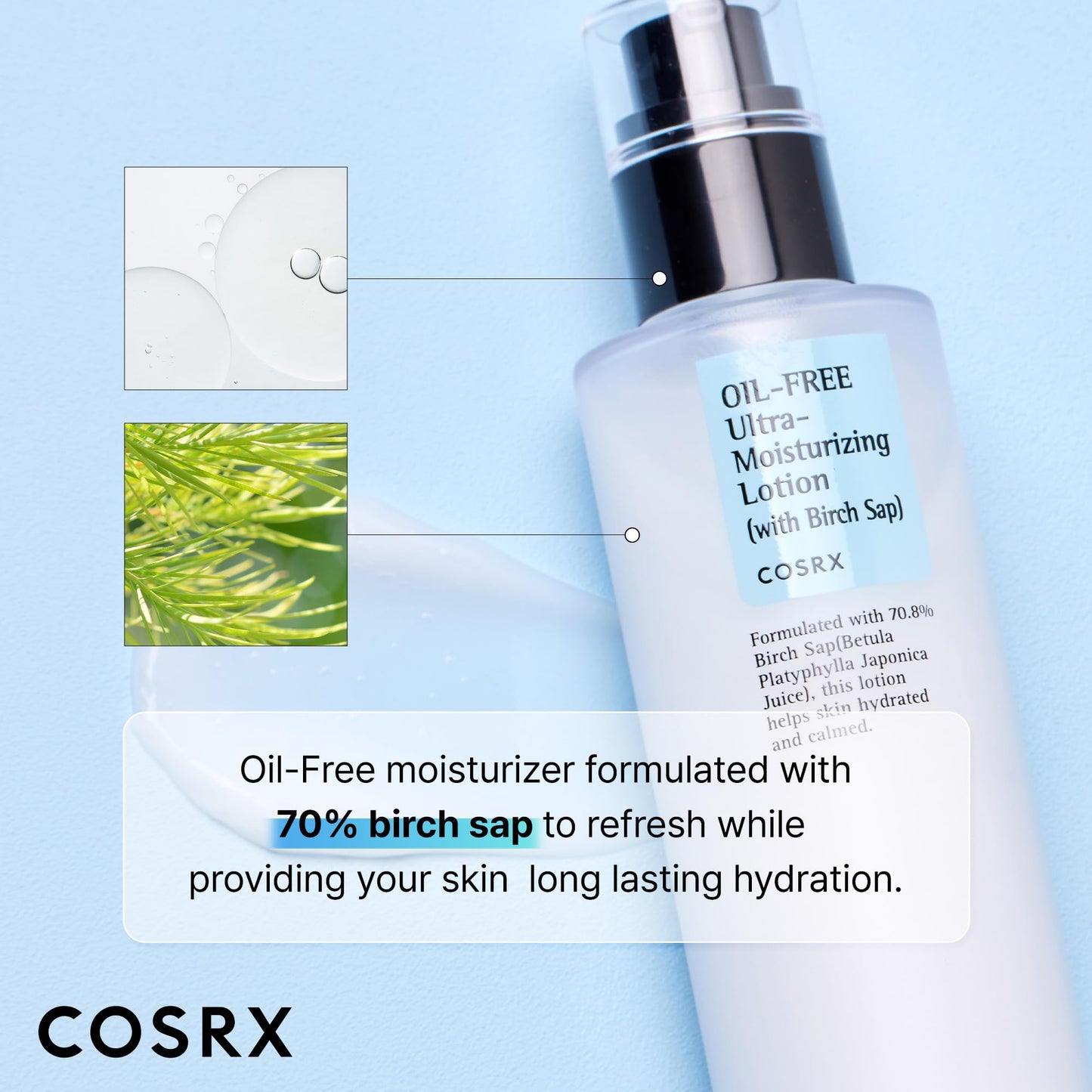 COSRX Oil Free Lotion with Birch Sap, Daily Acne Facial Moisturizer, Hydrating Moisturizer for All Skin Types, Korean Skin Care, Paraben free, 3.38 fl.oz / 100ml