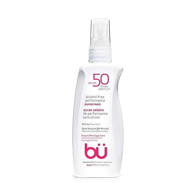 BU SPF 50 Sunscreen Spray for Face and Body, Non Aerosol Spray, TSA Travel Size Sunscreen, Clear, Non Greasy, Water Resistant, White Sage 3.3 oz