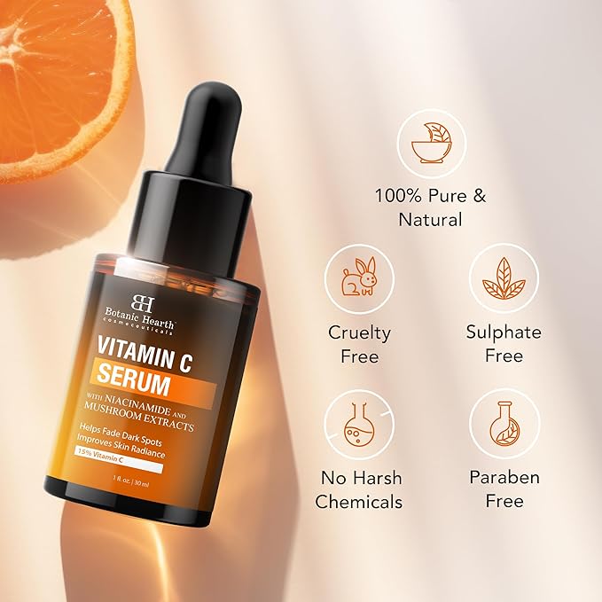 Botanic Hearth 15% Vitamin C Face Serum With Niacinamide, Hyaluronic Acid, Allantoin, Cica, Ferulic Acid & Vitamin E | Targets Dark Spots, Sun Damage, Wrinkles To Brighten & Even Tone Skin| 1Fl Oz