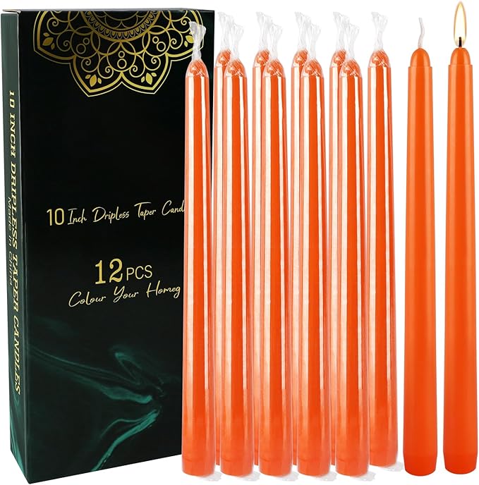 10 Inch Orange Slender Taper Candles Set - 12 Pcs Dripless, Smokeless with Cotton Wick, Ideal for Halloween,Thanksgiving,Dinner, Weddings & Home Decor.