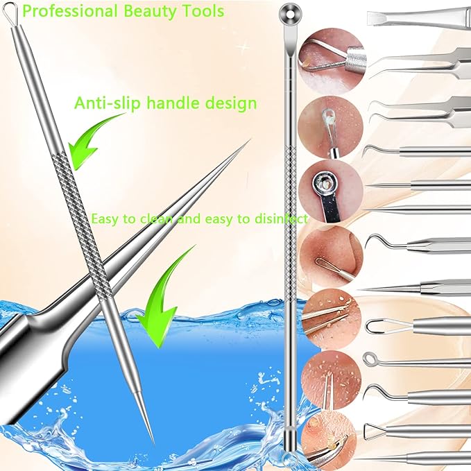 Pimple Popper Tool Kit, Blackhead Remover Tools, 16 PCS Professional Stainless Tweezers Acne Comedone Extractor Pimple Needle Tool for Blemish Whitehead Ingrown Hair Cyst Removal Beauty Tools for Face