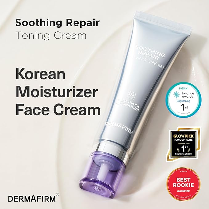 Dermafirm Soothing Repair Toning Cream - Korean Skin Care Moisturizer Face Cream w/Niacinamide, Bakuchiol, Glutathione & 8x Hyaluronic Acid - Vegan Glowing Skin Firming Cream (1.69 fl oz)