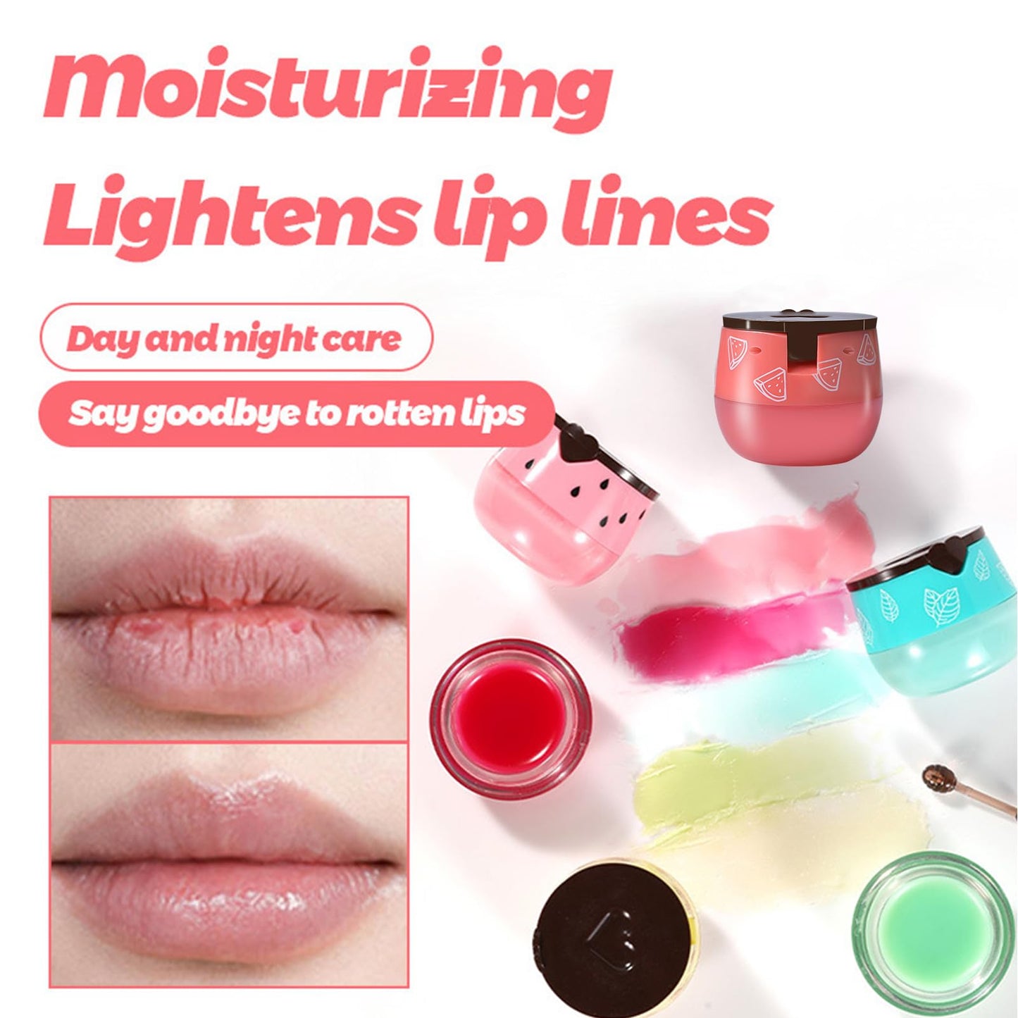 6 PCS Bee Lip Balm Honey Pot, Honey Strawberry Watermelon Apple Lime Mint Cherry Lip Mask Propolis Moisturizing Sleeping Lip Mask Overnight with Sticks, Honey Lip Balm Prevention Dry