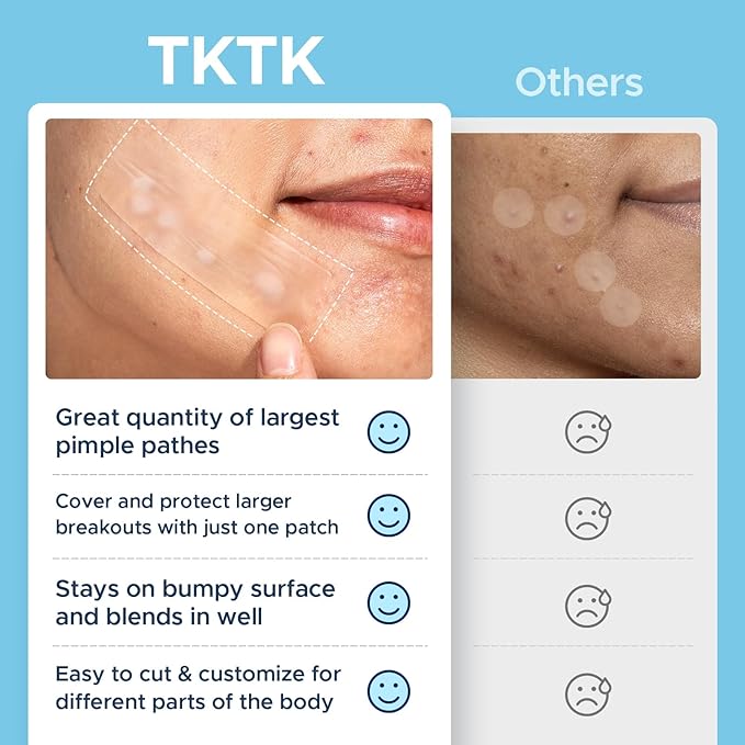TKTK Large Pimple Patches, 60 mm XL Acne Patches, Big Hydrocolloid Bandages for Body, Face, Forehead, Chin, Neck Zit Breakouts, Hydrocolloid Patch (Square, Strip, Dot 5 Sizes 62 Count)
