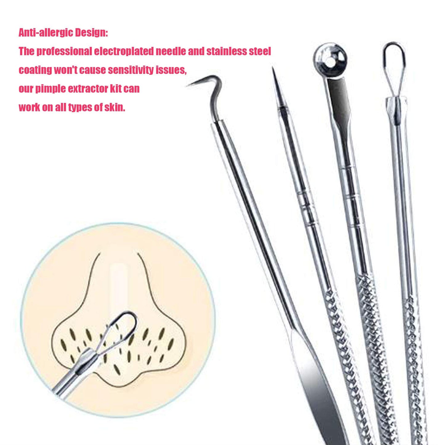 ZTRHYOO Blackhead Remover Pimple Comedone Extractor Tool Best Acne Removal Kit - Treatment for Blemish, Whitehead Popping, Zit Removing for Nose Face Skin with Case (Sliver, 4 Piece Set)